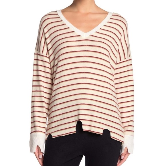 LNA STRIPED DISTRESSED V-NECK SWEATER - Picture 1 of 8